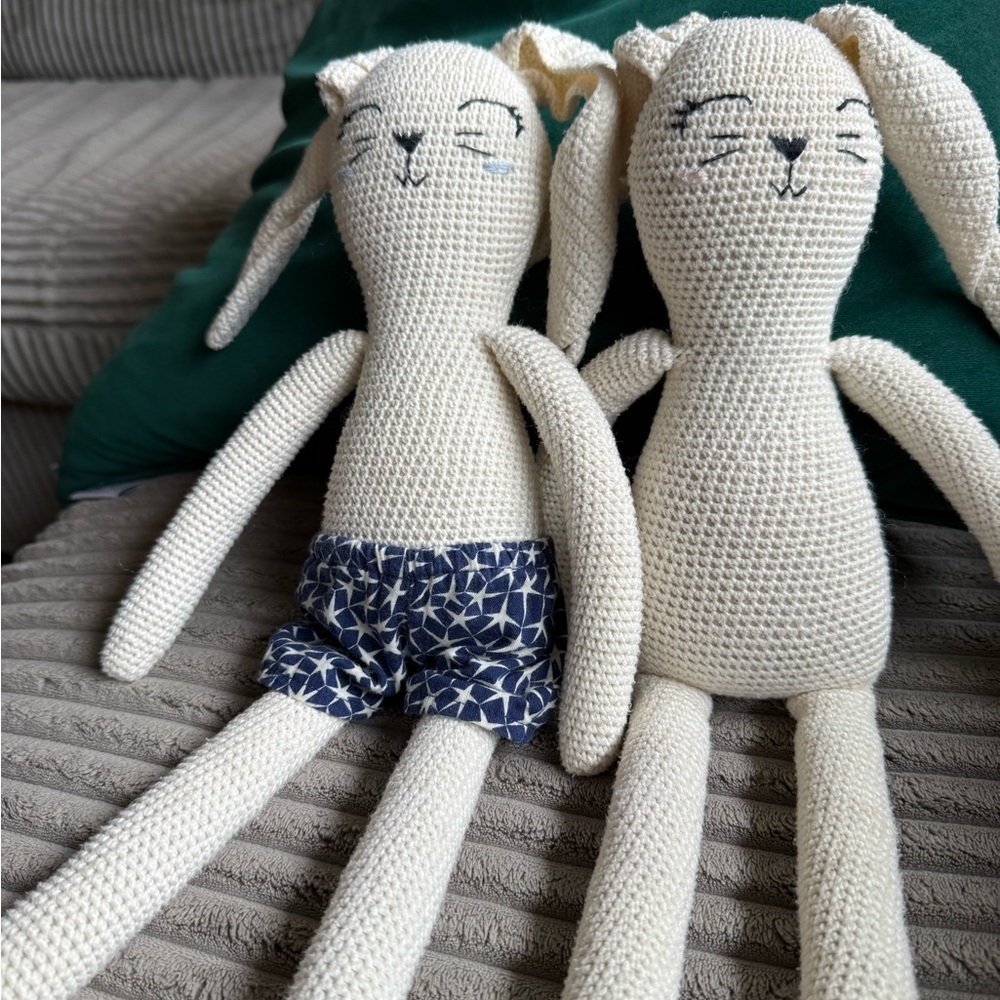 Crochet Amigurumi Bunny Dolls with Blue Shorts